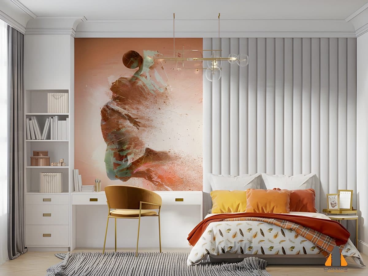 Basketball player wall mural in a modern bedroom with white furniture, ideal for wallpaper installations in Gauteng.