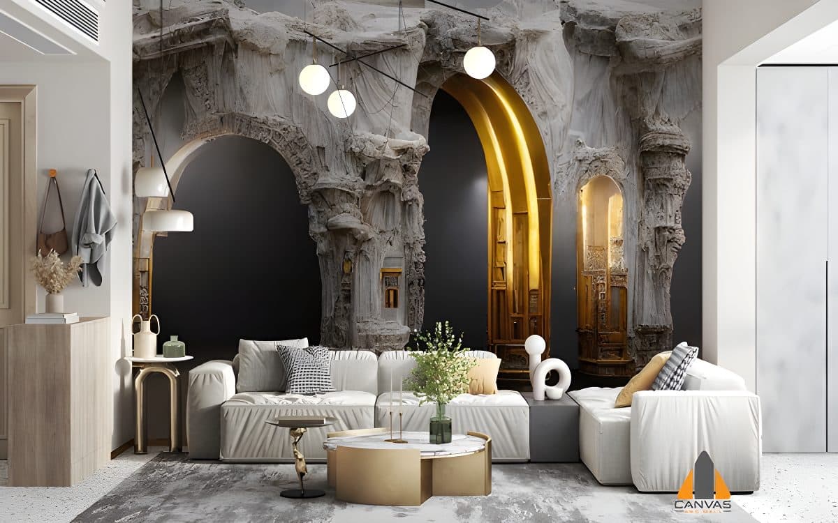 Dramatic grey and gold architectural arch wall mural in a modern living room setting.