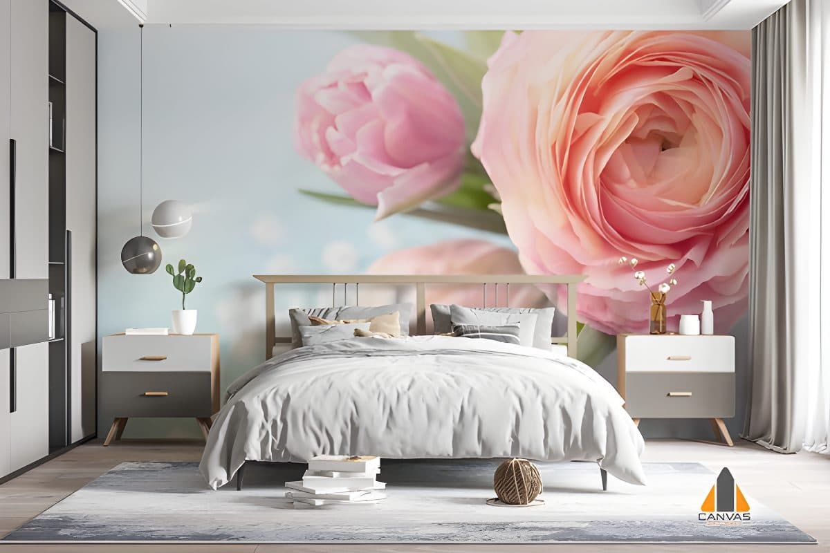 Pink roses wall mural in a modern bedroom, showcasing a striking custom wallpaper installation