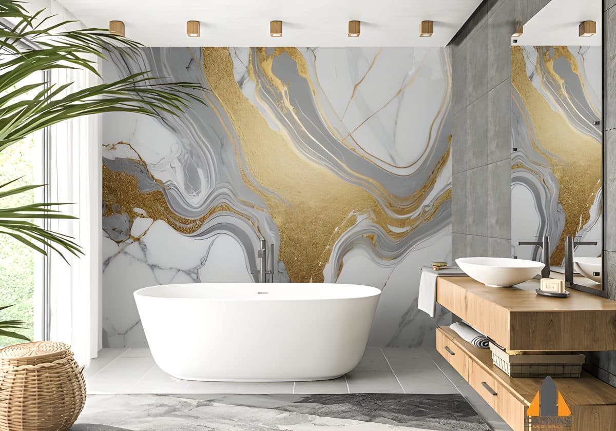 Gold and gray marble wallpaper in a bathroom with a white tub and wooden vanity. Ideal for wallpaper installations in Gauteng