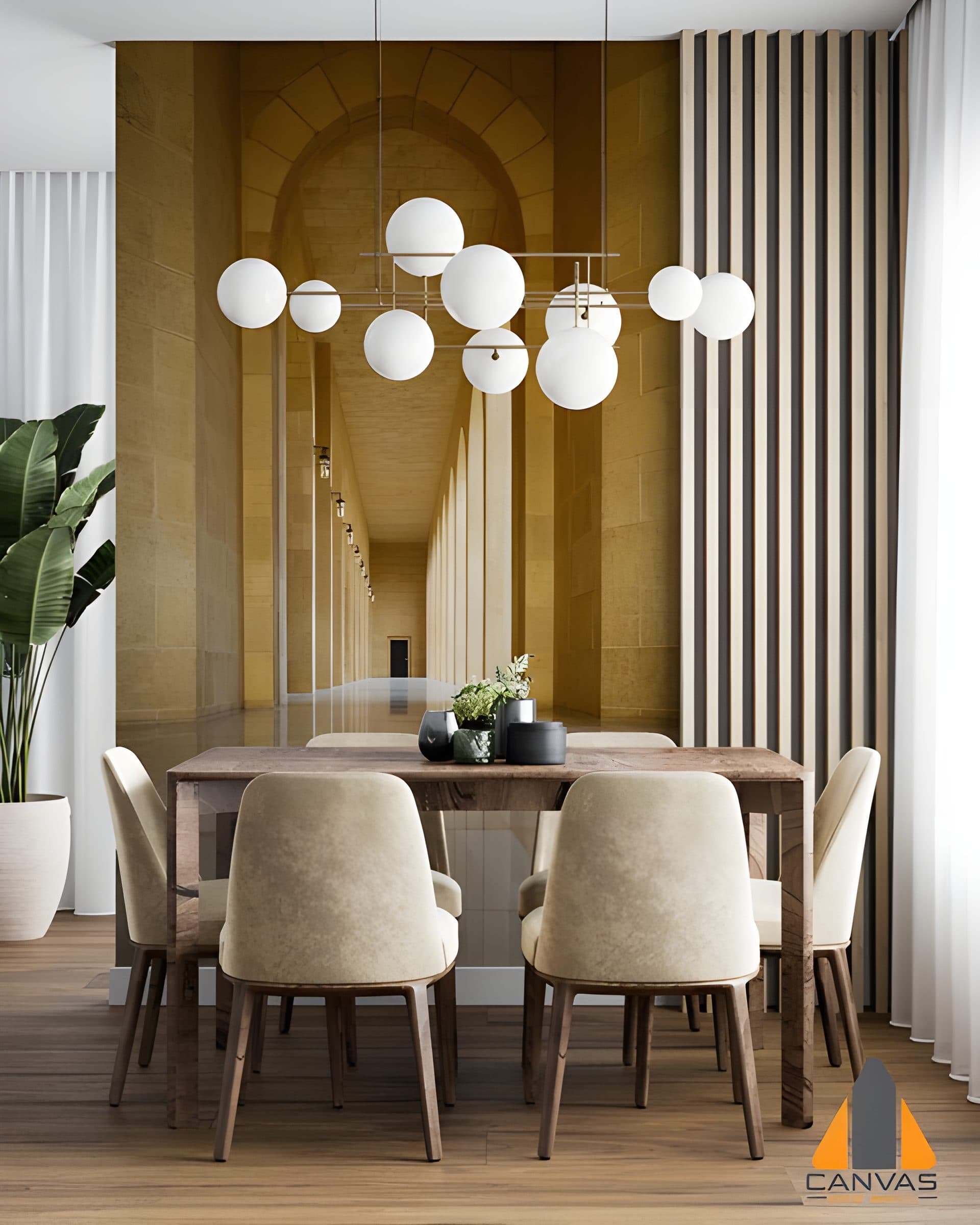 Long arched hallway wall mural in a modern dining room with globe chandelier. We do wallpaper installations in Gauteng.