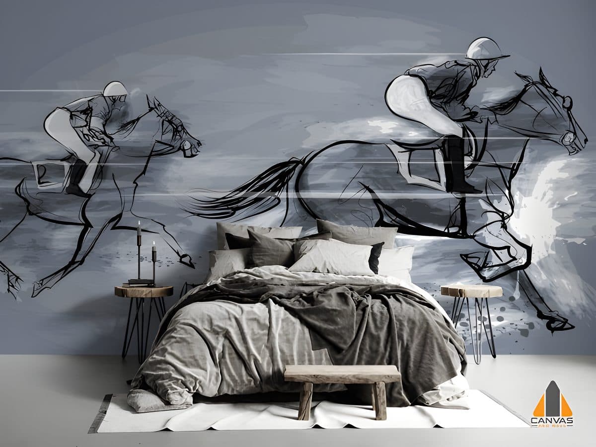 Sketch of horse riders on a dynamic wall mural in a grey bedroom.