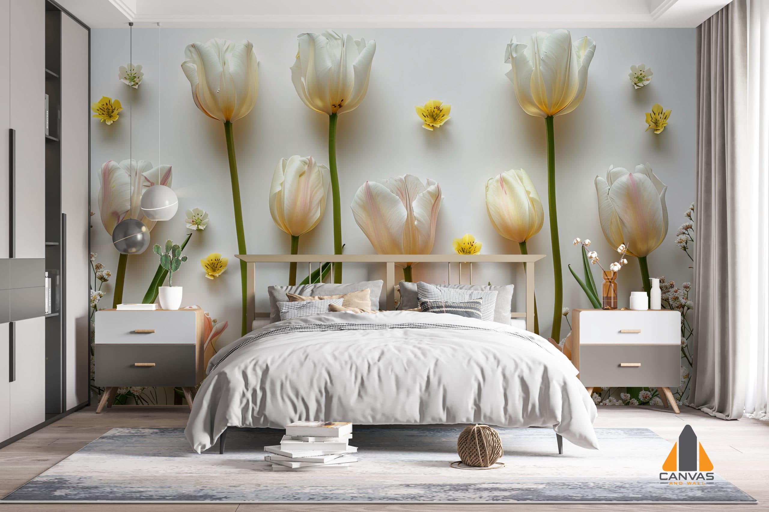 Pastel tulip wallpaper mural in a modern bedroom, with expert wallpaper installations in Gauteng.