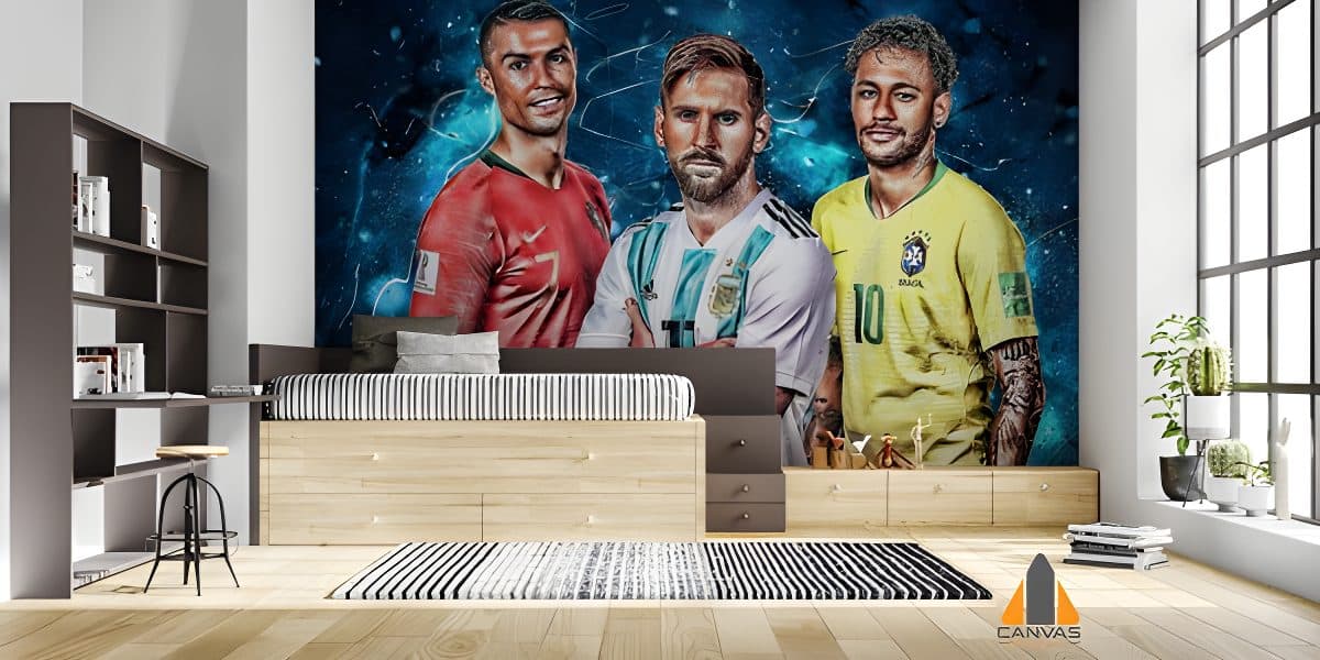 Ronaldo, Messi, and Neymar wall mural in a modern bedroom, perfect for wallpaper installations in Gauteng.
