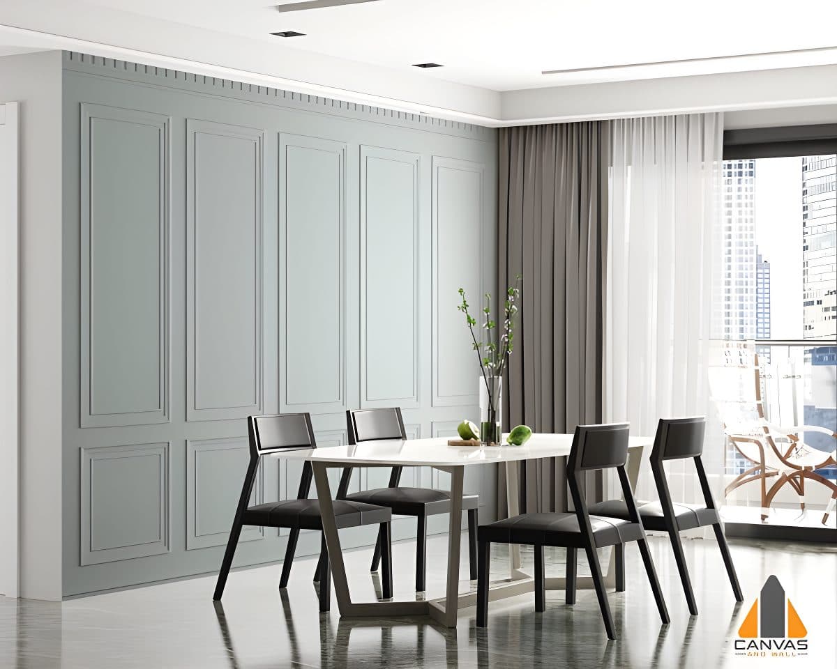 Stylish panelled wallpaper in a modern dining room setting with a city view, ideal for wallpaper installations Gauteng.