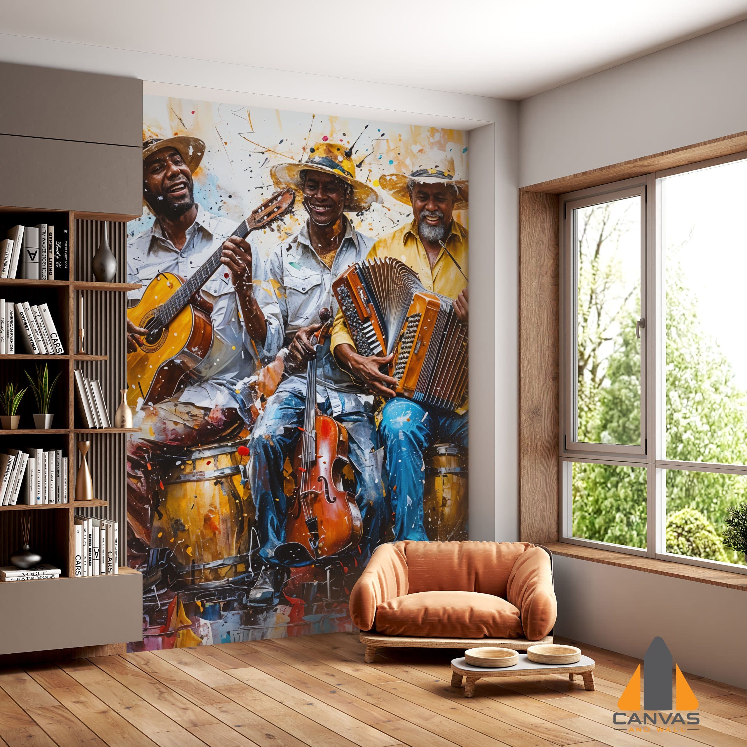 Vibrant abstract band wall mural in a modern living room, perfect for unique wallpaper installations in Gauteng.