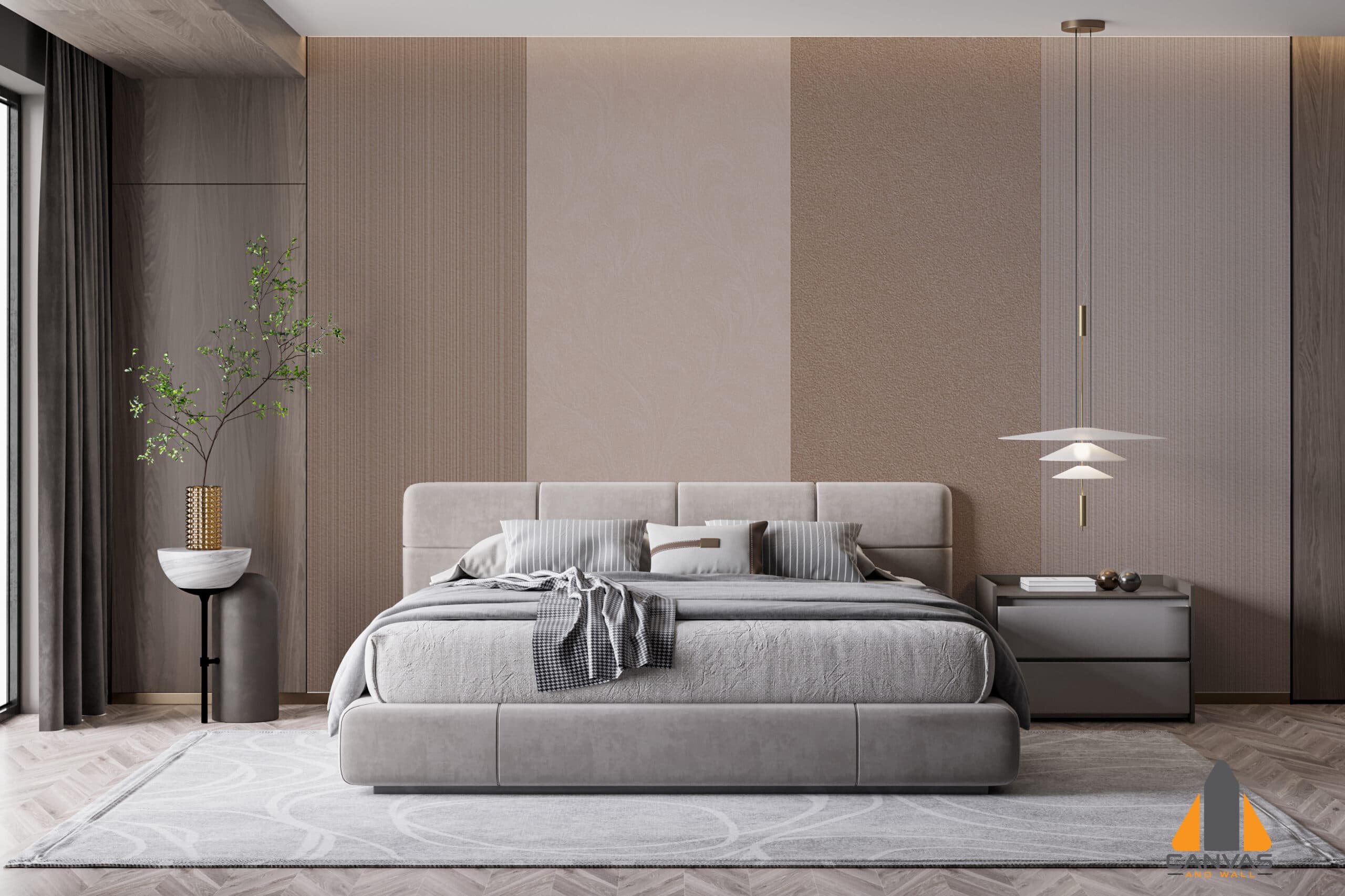 Striped brown wallpaper installation in a modern bedroom, ideal for wallpaper installations in Gauteng.