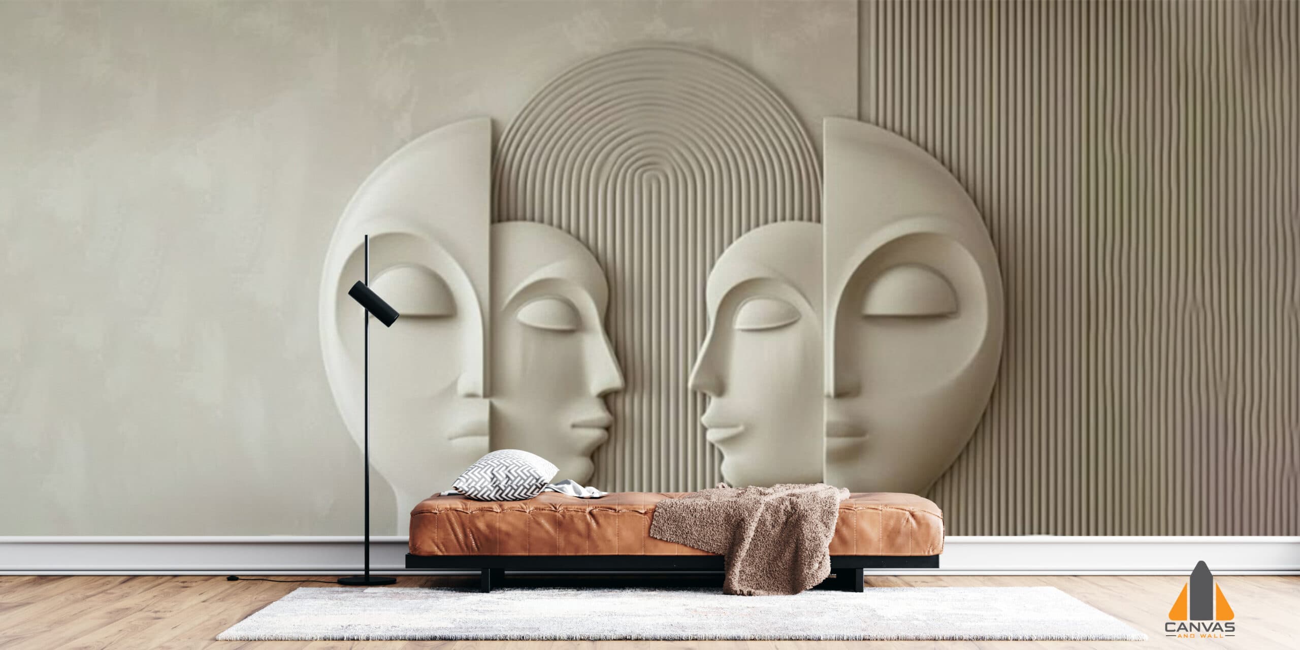 3D art faces custom wallpaper installation in a modern living room with a brown bench.