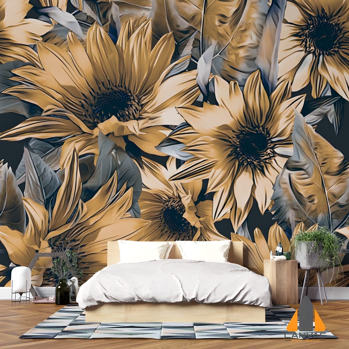 Sunflowers seamless pattern wall mural in a modern bedroom, ideal for wallpaper installations in Gauteng.