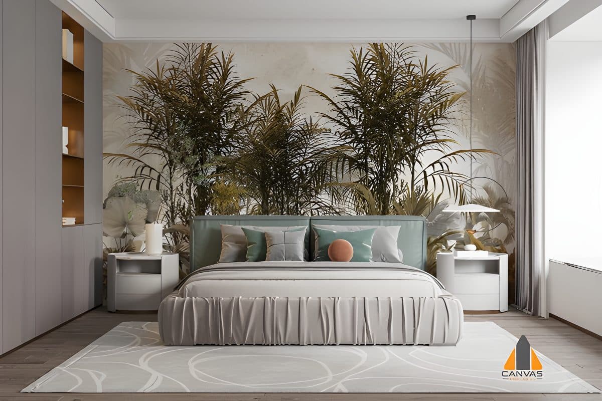 Bedroom with a lush, tropical wall mural behind the bed, showcasing a beautiful wallpaper design.