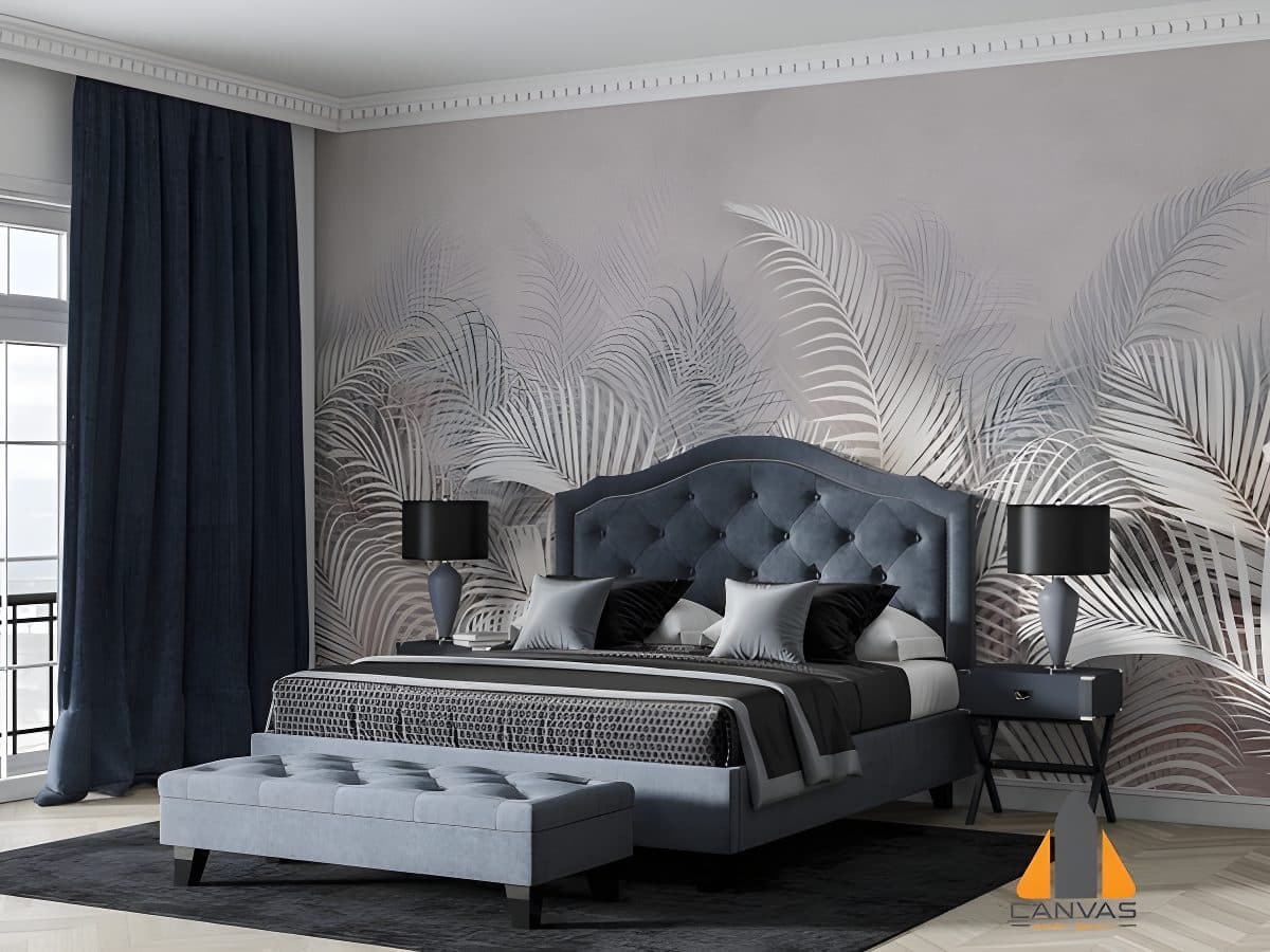 White Palm Leaves wall mural in a bedroom with a blue bed and dark curtains.