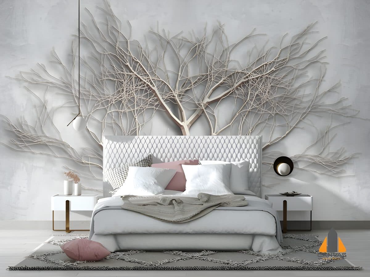 Bare tree wall mural in a modern bedroom, showcasing expert wallpaper installations in Gauteng
