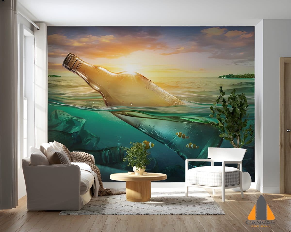 Glass bottle at sunset wall mural in a modern living room, perfect for wallpaper installations in Gauteng.