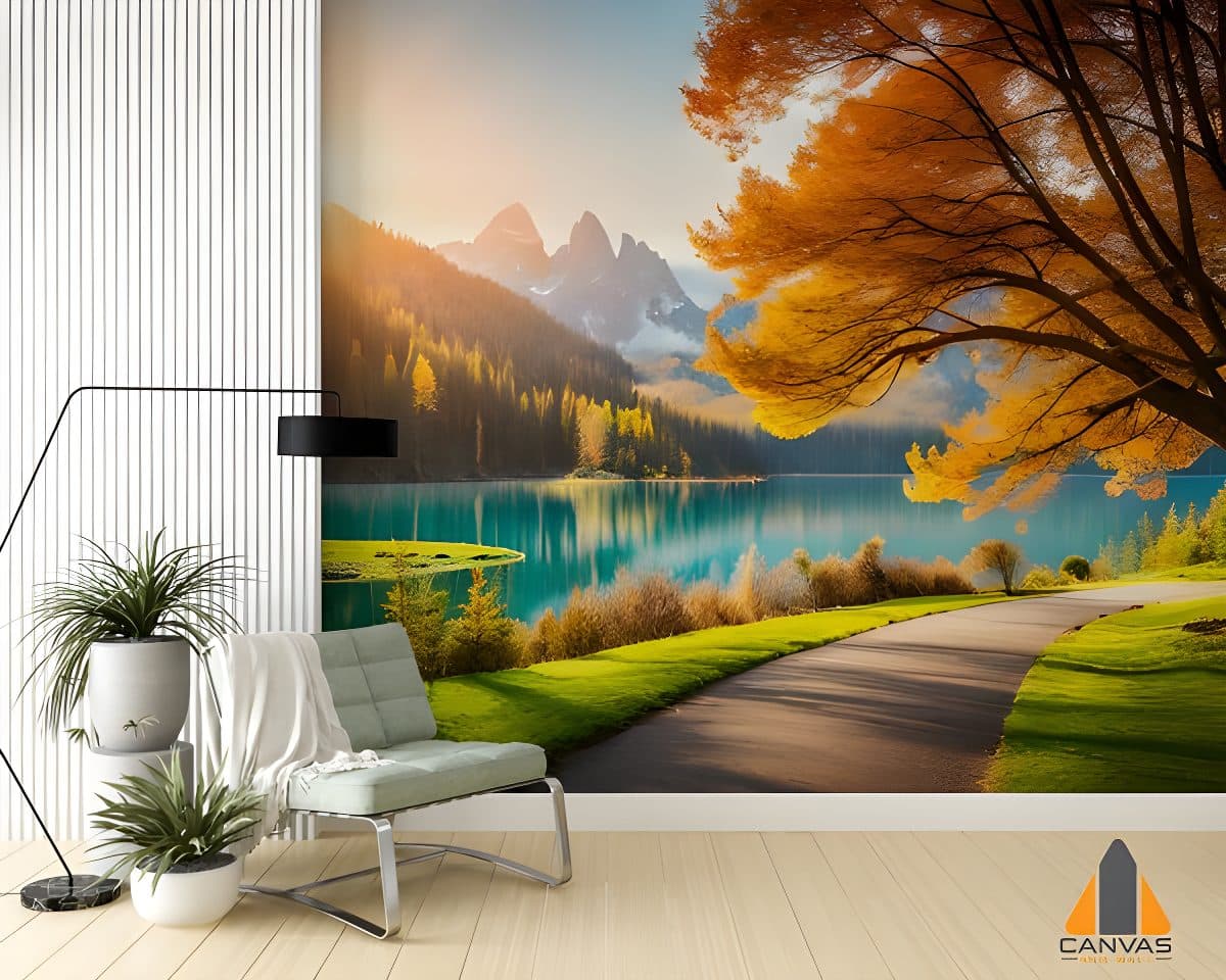 Scenic lake with mountains and road, autumn tree, as a captivating wall mural in a modern living room.