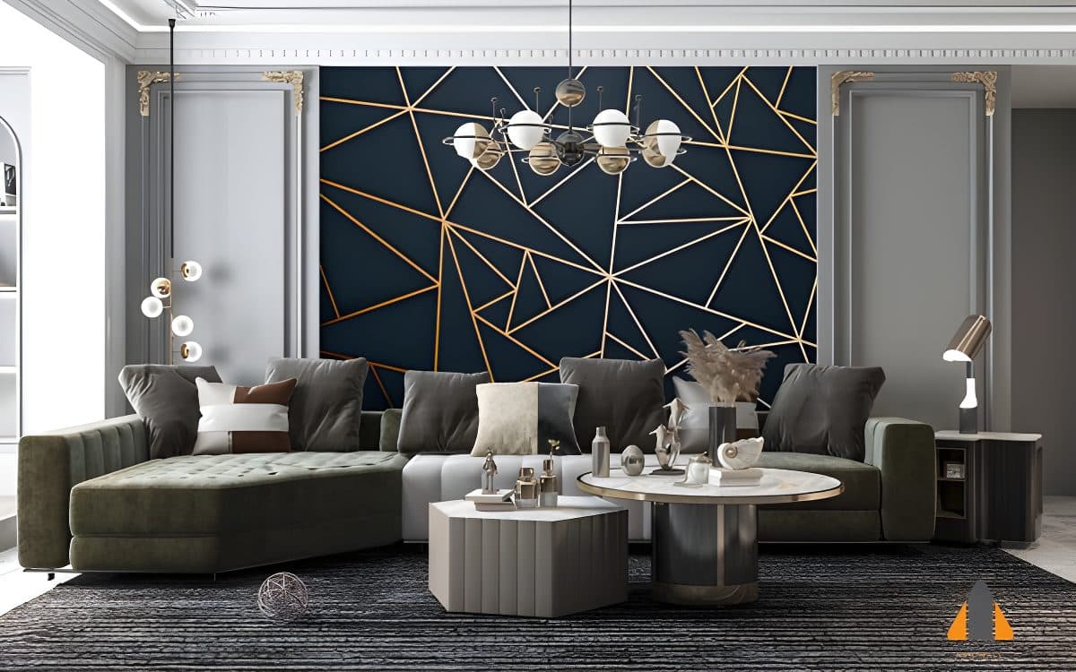Modern living room with a geometric triangle wallpaper installation in Gauteng, featuring a large sectional sofa.