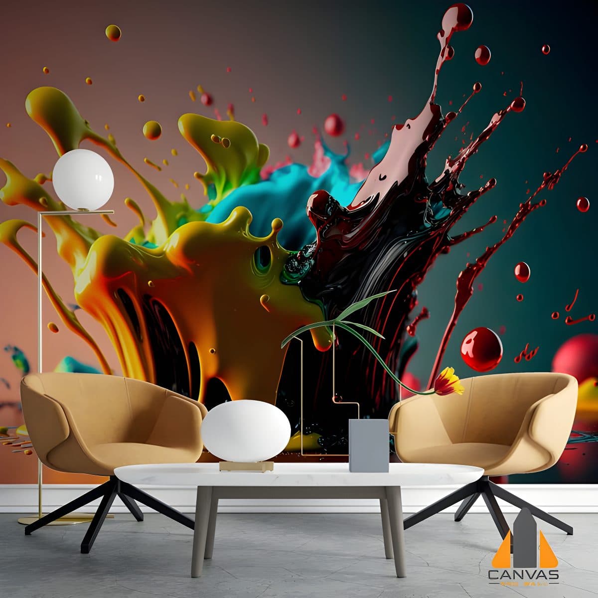 Vibrant paint splashes wall mural in a modern living room setting.
