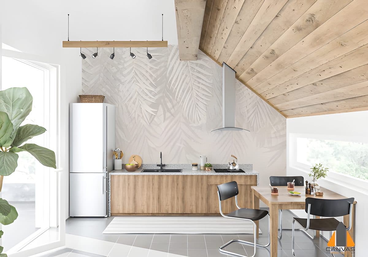 Light kitchen with tropical leaf custom wallpaper and a wooden dining table, ideal for wallpaper installations in Gauteng.