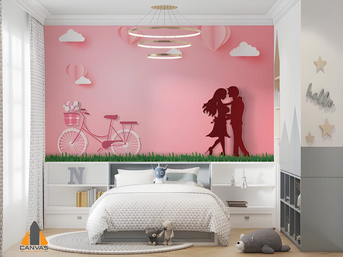 Pink paper-cut style romantic scene wall mural with couple and bicycle in a child's bedroom.