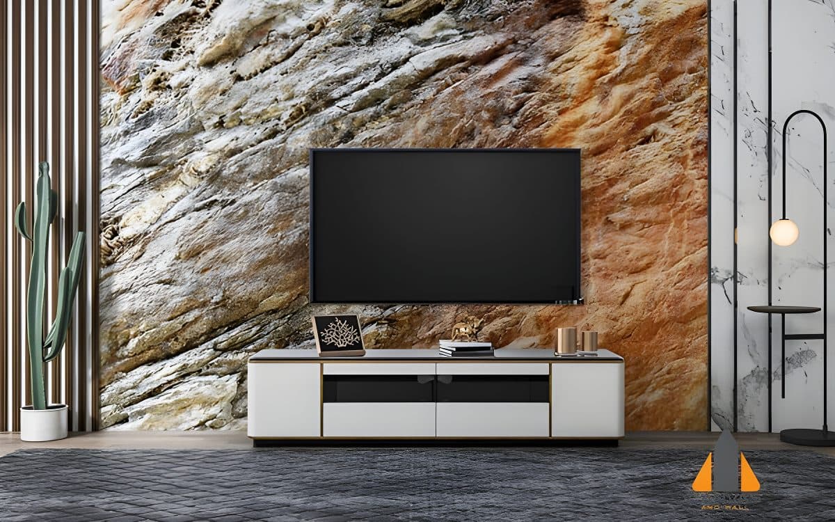 Rustic Rock wall mural in a modern living room, with wallpaper installations in Gauteng.