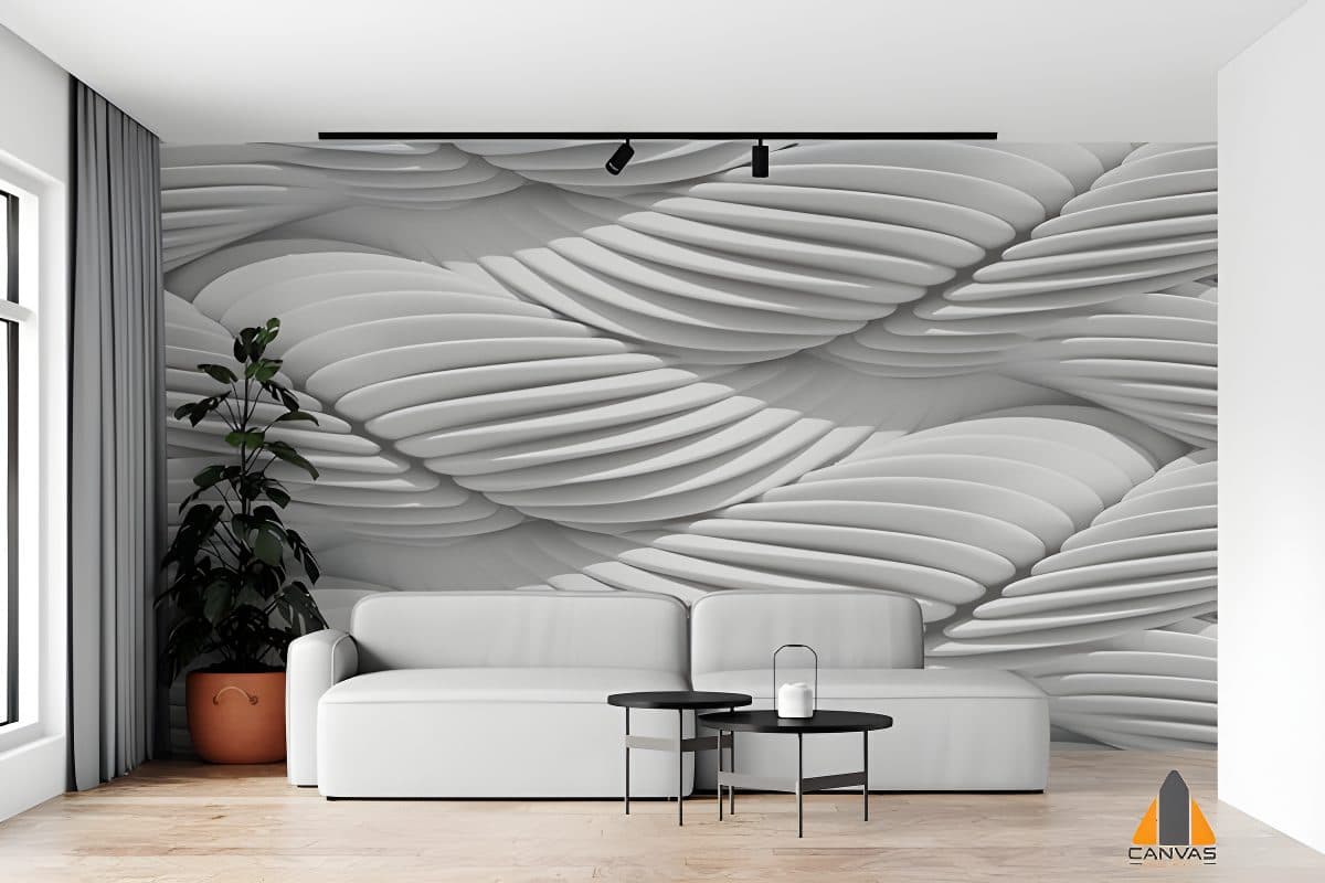 Modern living room with a 3D illusion white braided wall mural, a perfect custom wallpaper installation in Gauteng.
