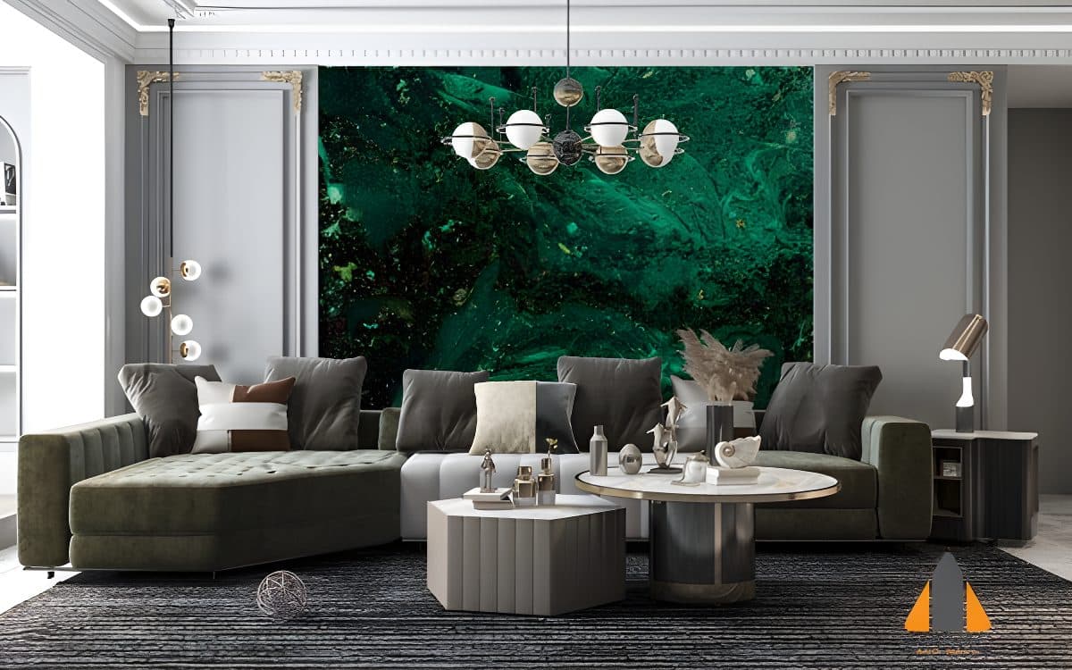 Vibrant green abstract wall mural in a modern living room with a large L-shaped couch.