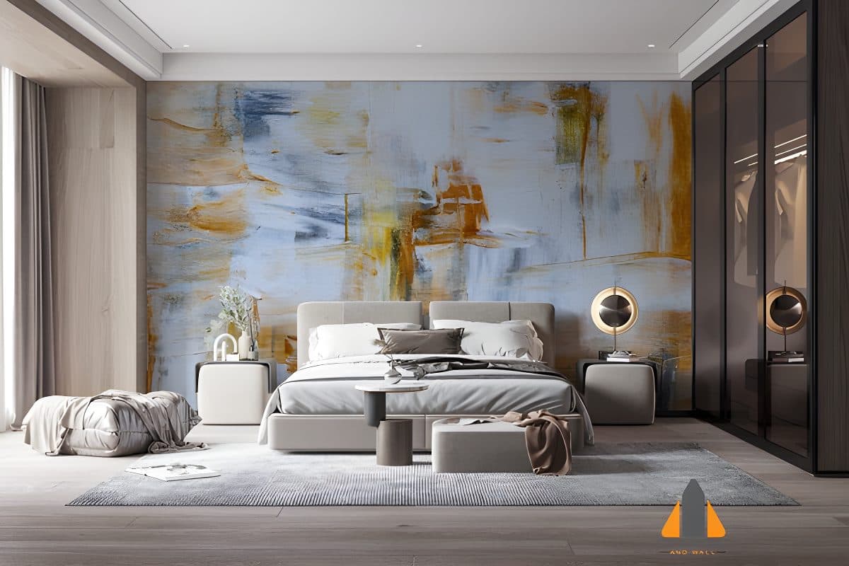 Abstract lighter colours custom wallpaper in a modern bedroom with a large bed.