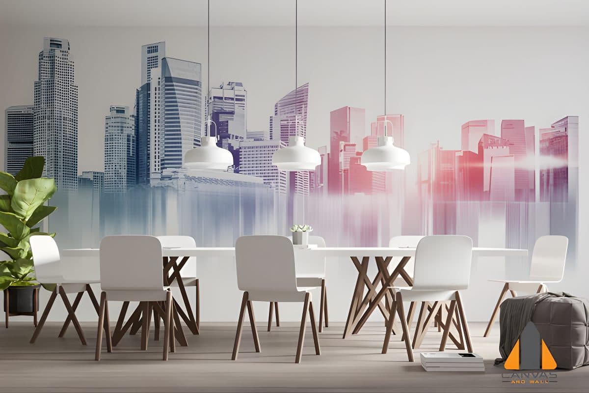 City skyline wall mural in a modern dining room, ideal for wallpaper installations in Gauteng.