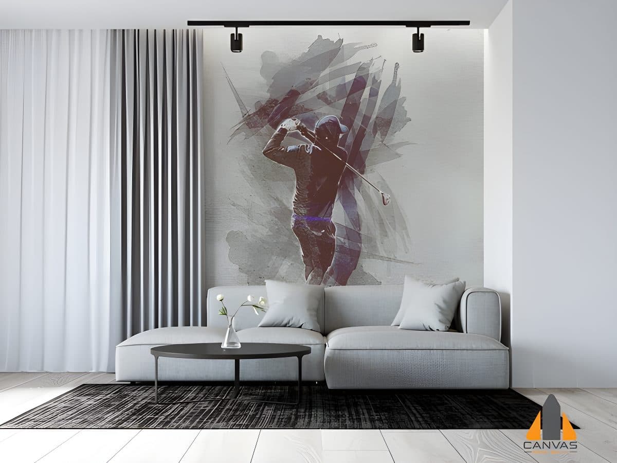 Golfer swinging a club in a modern, minimalistic living room with this Terry Golf wall mural.