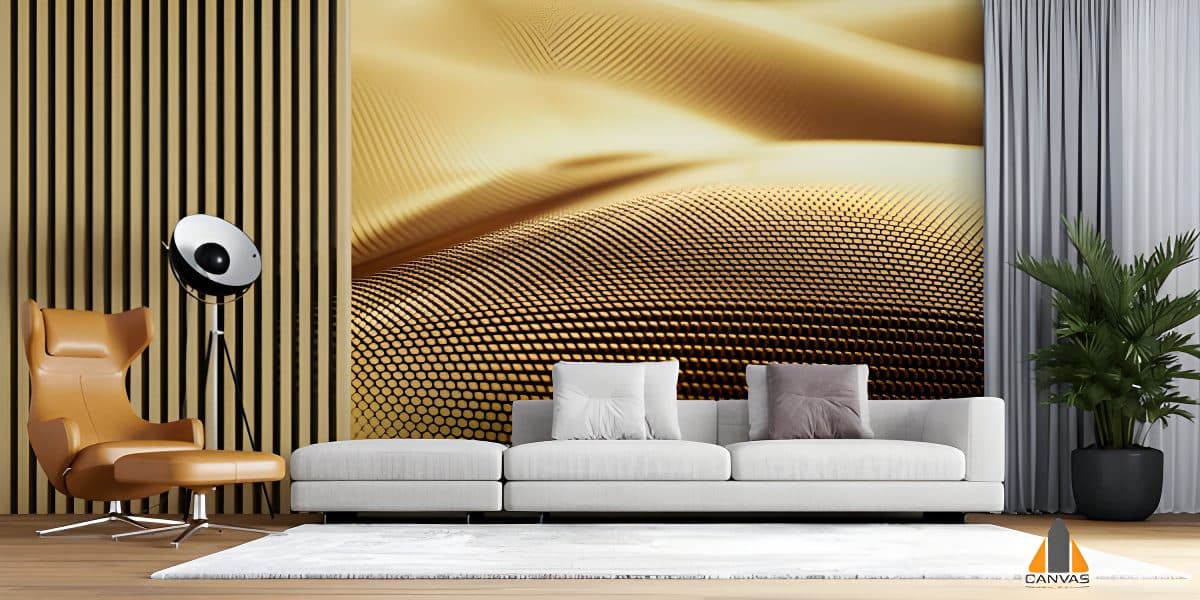 Golden abstract textured wall mural in a modern living room, perfect for wallpaper installations Joburg.