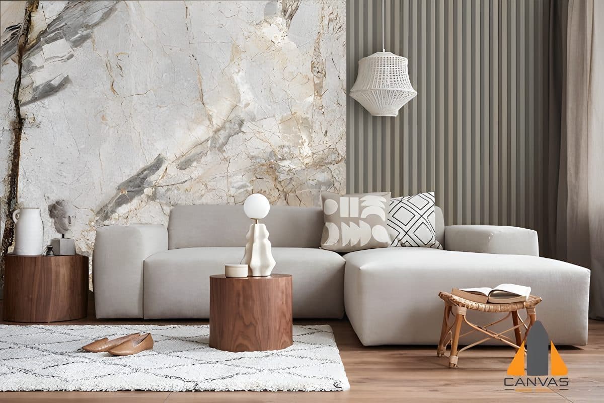 Marble-look wall mural in a modern living room, perfect for wallpaper installations in Gauteng.