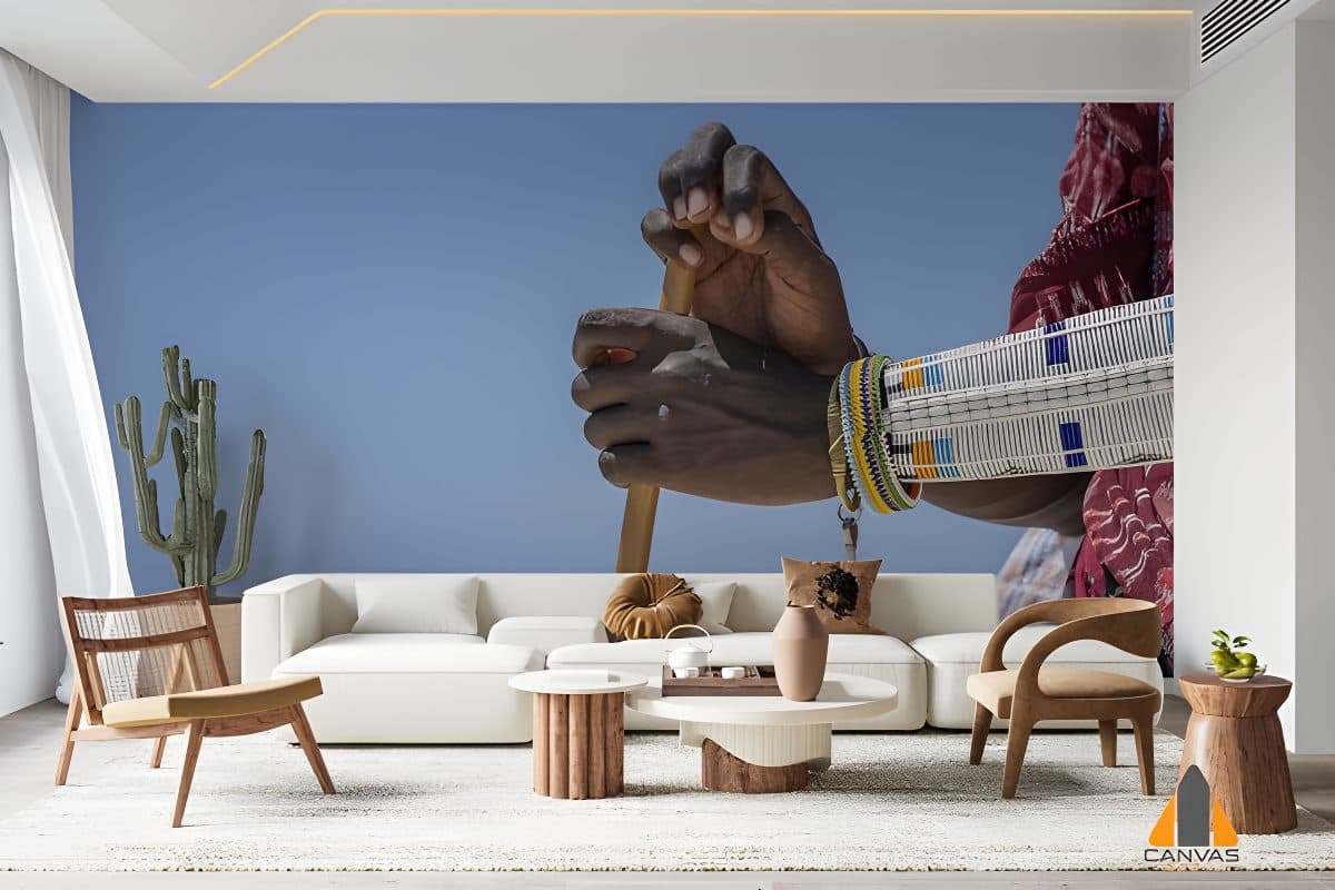 Masai man's hands with colorful bracelet, a compelling wall mural for a modern living room.