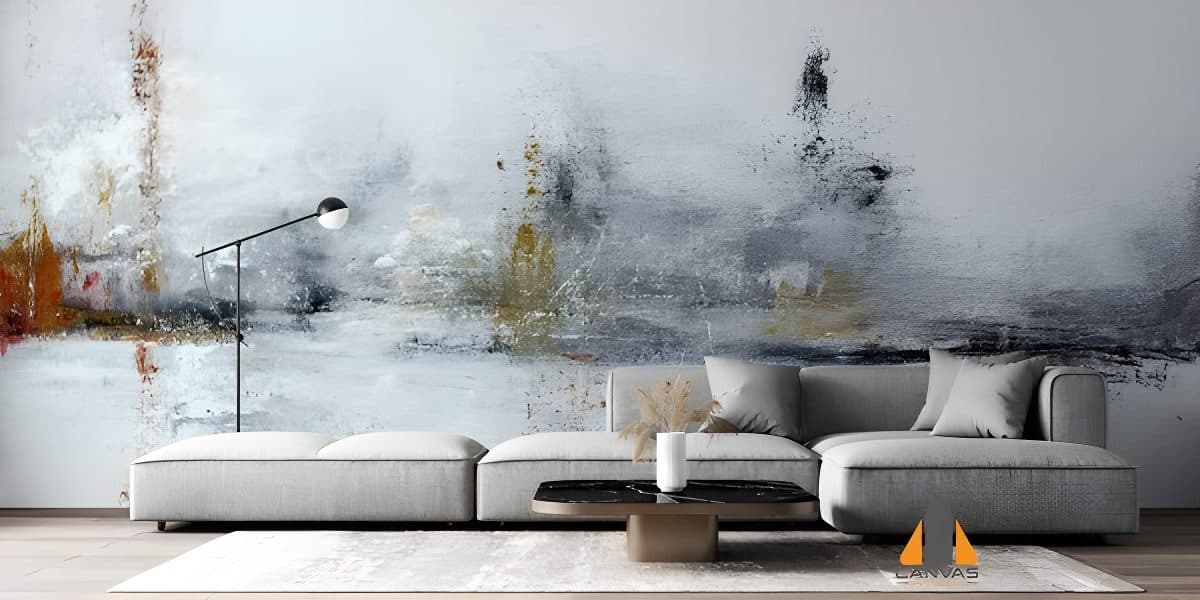 White abstract acrylic painting wall mural in a modern living room, perfect for wallpaper installations Johannesburg.