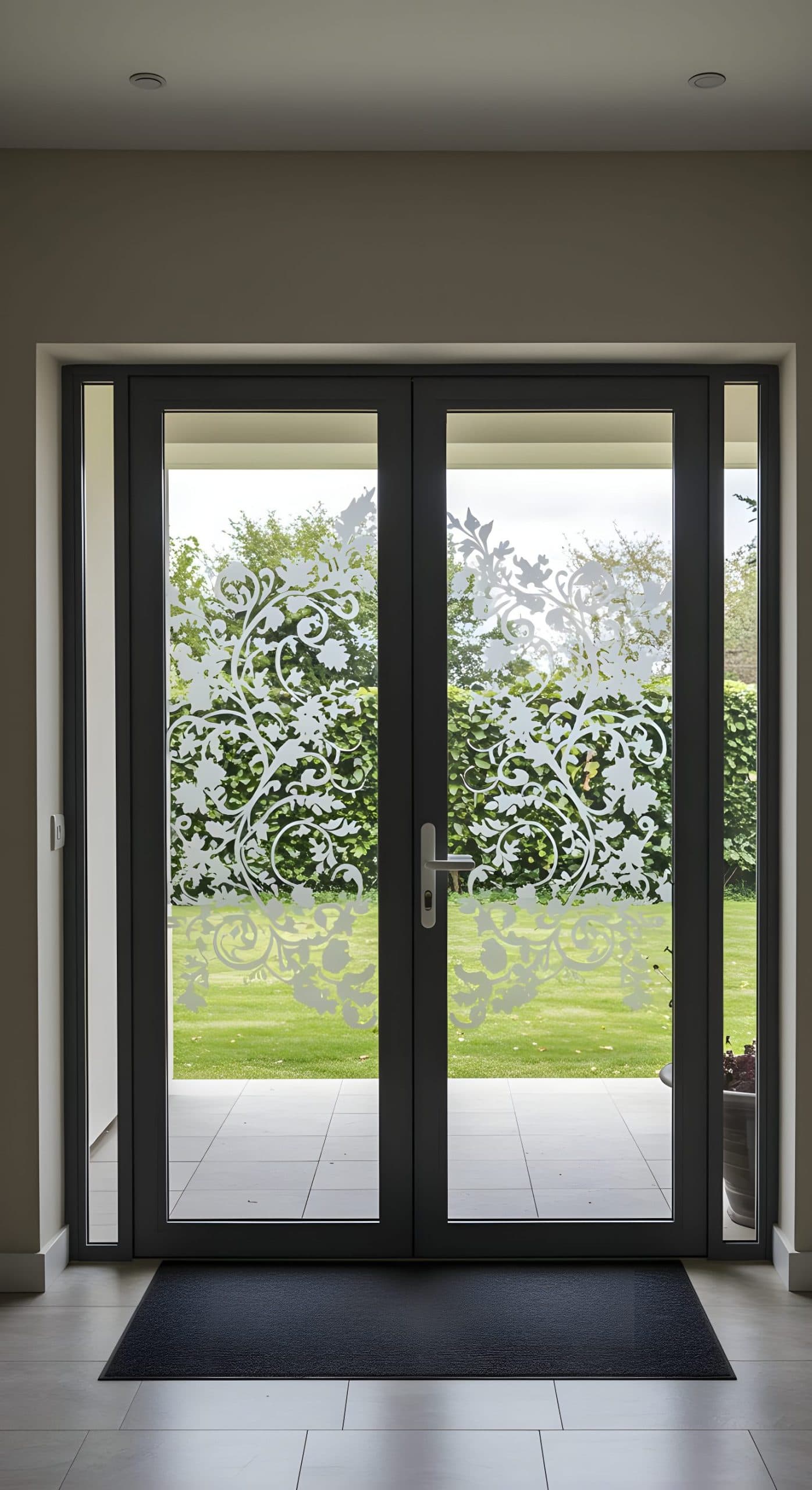 Glass french door with elegant frosted scrollwork, ideal for custom wallpaper installations in homes.