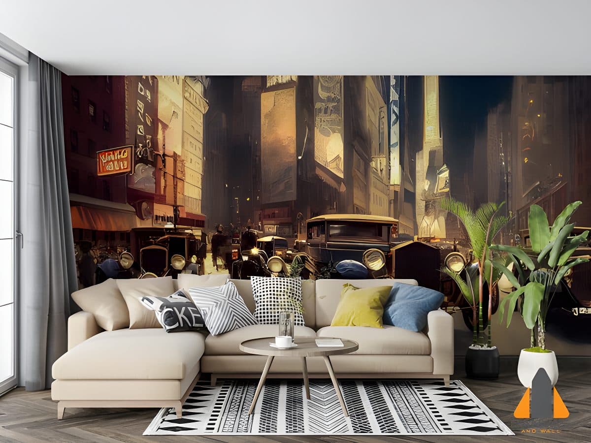 Vintage street scene wall mural with classic cars in a modern living room setting. Perfect for wallpaper installations in Gau