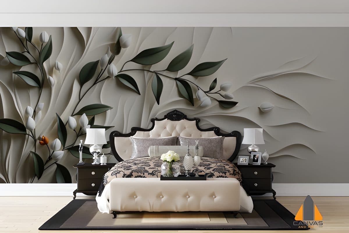 Bedroom with a elegant wall mural featuring white paint texture and green leaves, a custom wallpaper installation.