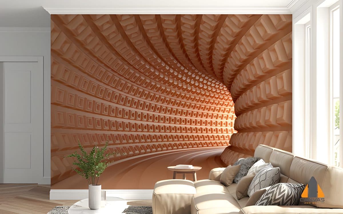 3D chocolate tunnel wall mural in a modern living room, perfect for wallpaper installations in Gauteng.