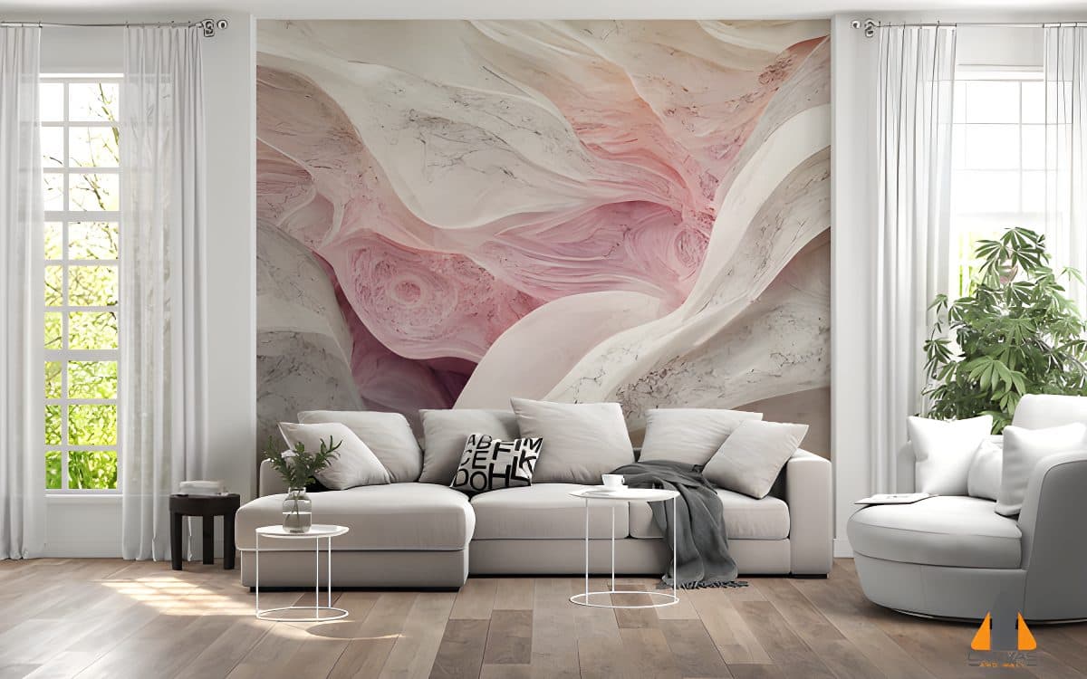 Pink marble fluid art wall mural in a modern living room, perfect for wallpaper installations in Gauteng.