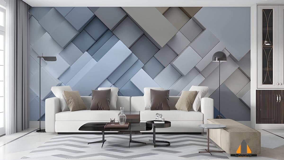 Geometric 3D block wall mural in neutral tones in a modern living room