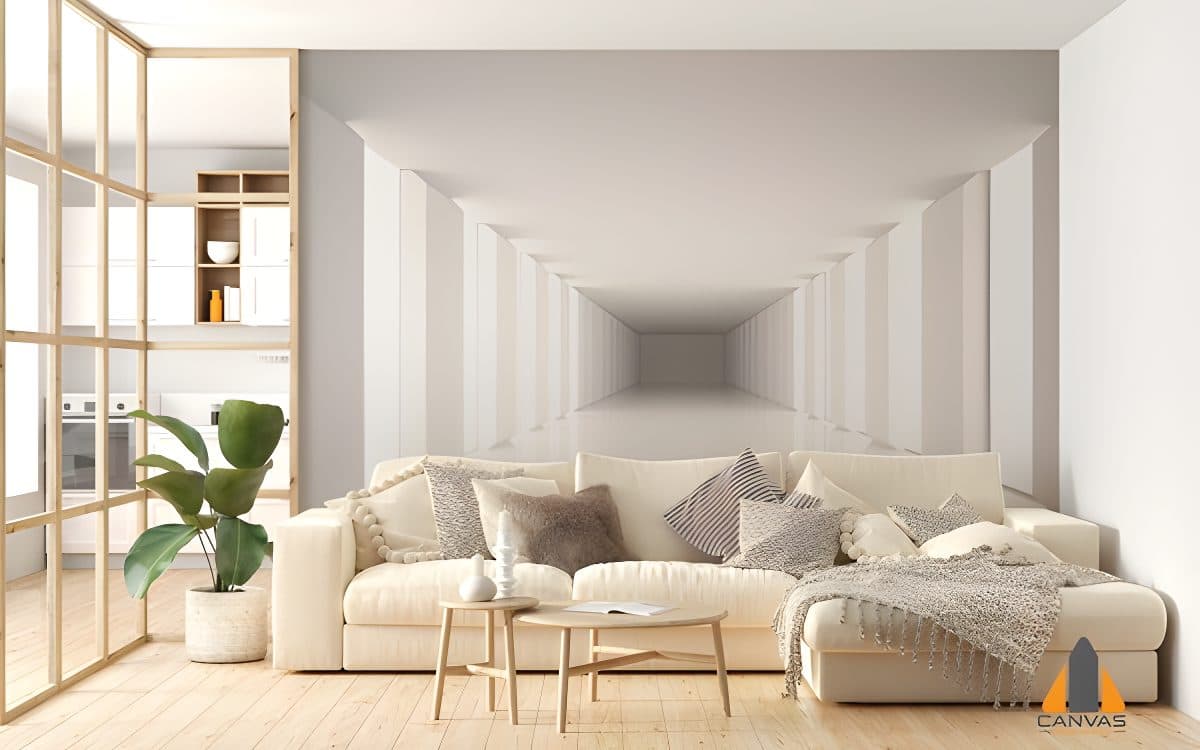 Long vanishing corridor wall mural in a modern living room, expertly installed by our team in Gauteng.