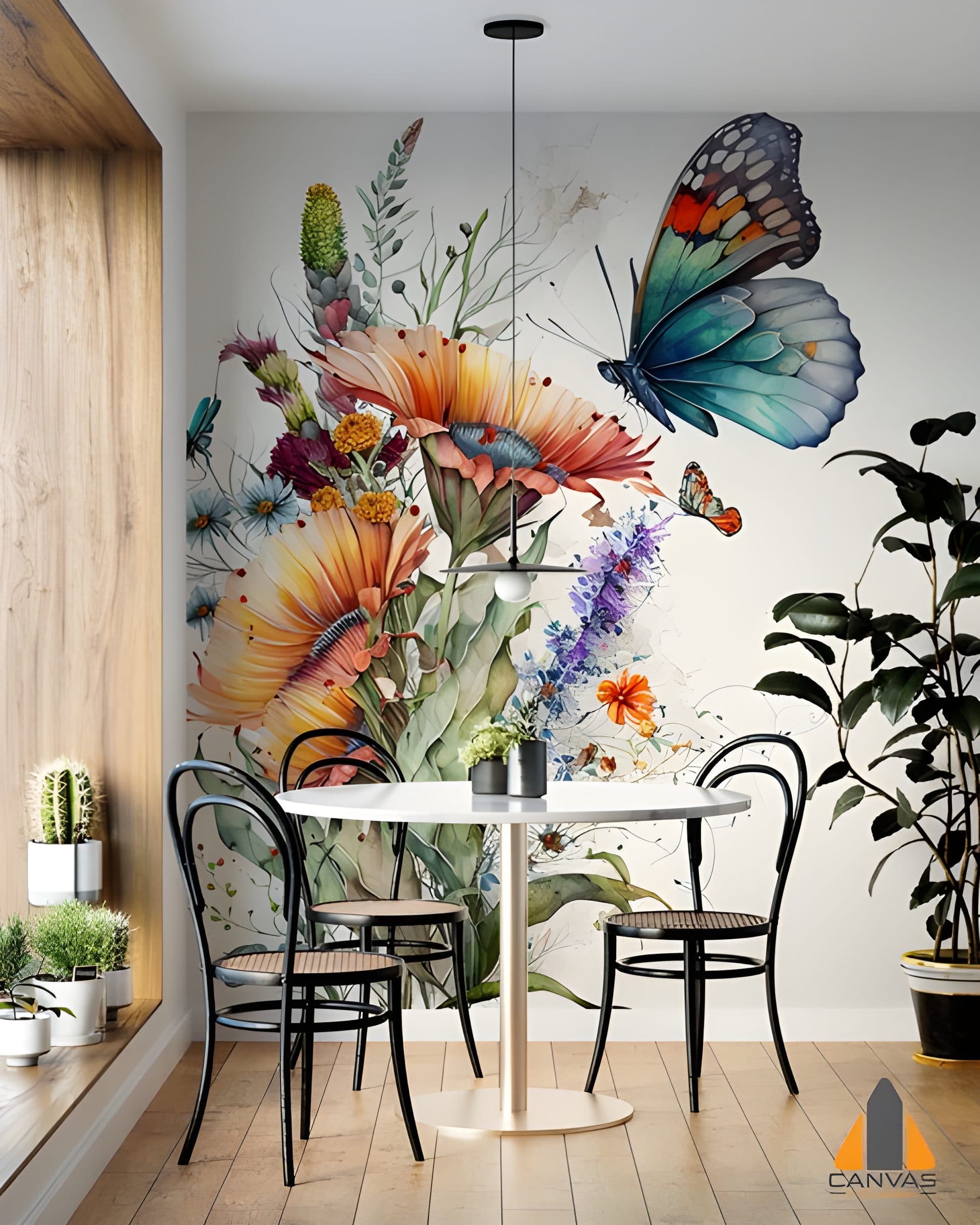 Vibrant watercolor floral and butterfly wall mural in a modern dining nook, perfect for wallpaper installations.