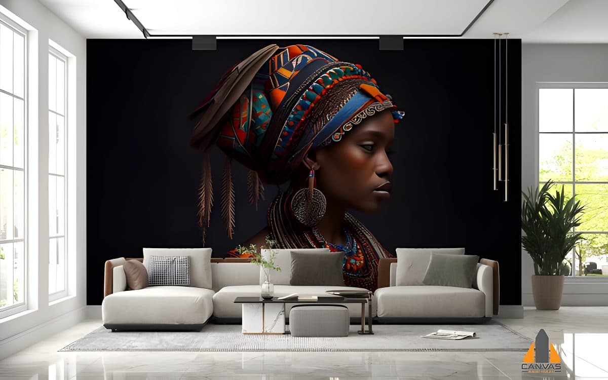 African woman with strong features as a wall mural in a modern living room, ideal for wallpaper installations Gauteng.