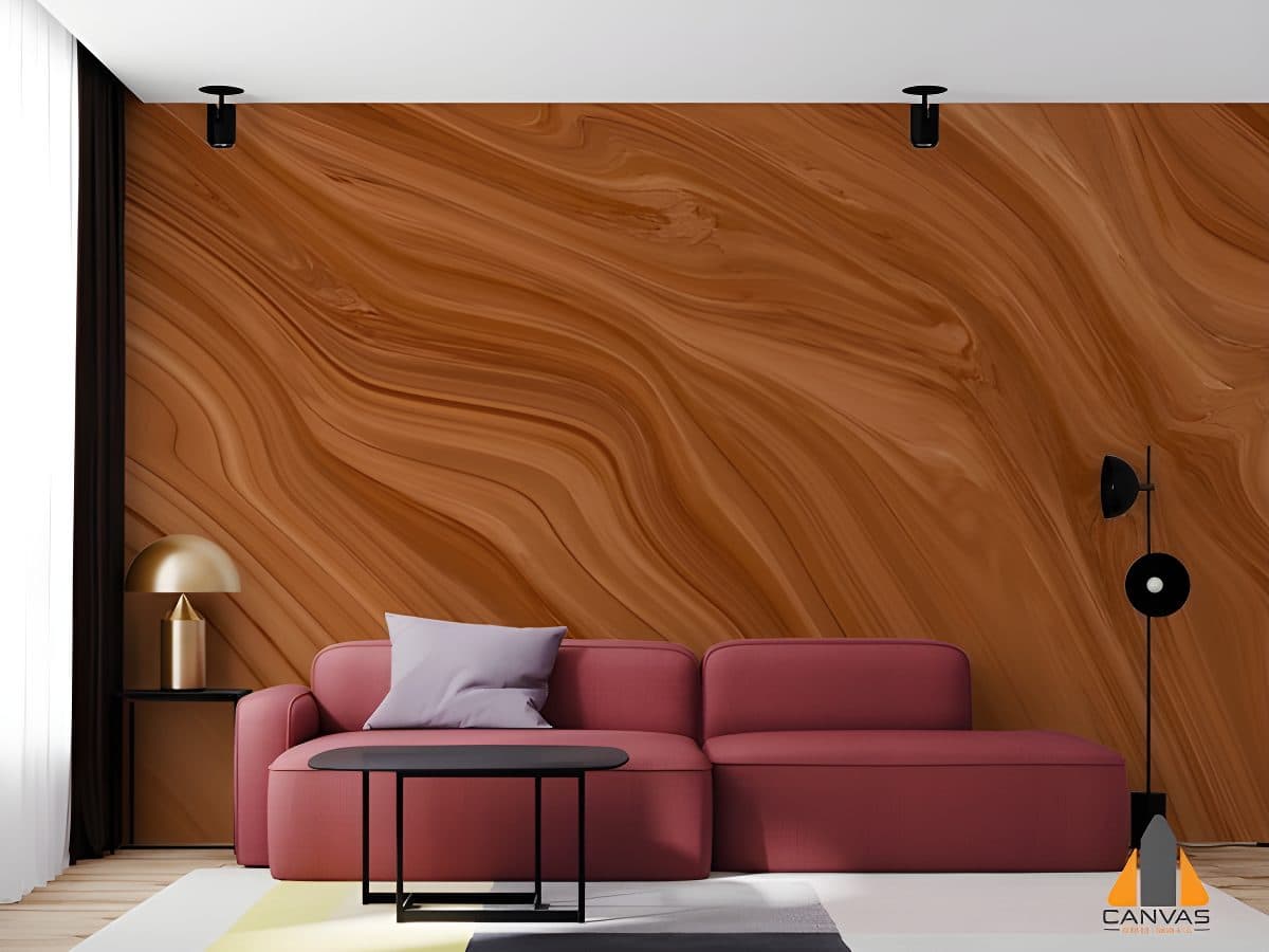 Wood-look wall mural in a modern living room with a red sofa, showcasing quality wallpaper installations in Gauteng.