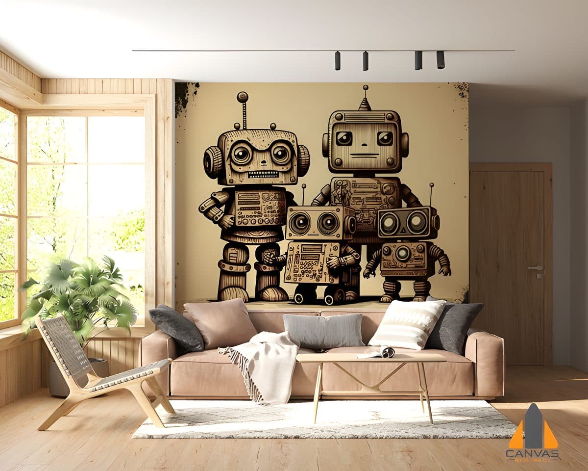 Family of vintage robots wall mural in a modern living room, perfect for wallpaper installations in Gauteng.