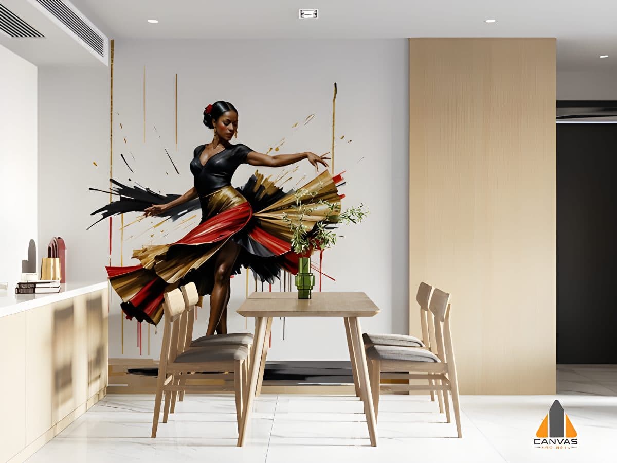 Vibrant dancer wall mural in a modern dining area. Perfect for wallpaper installations in Gauteng.