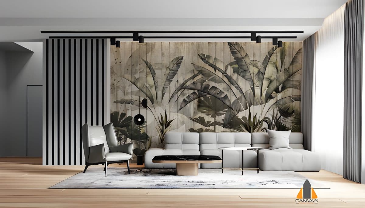 Modern living room with a vintage-look tropical forest wall mural, perfect for wallpaper installations in Gauteng