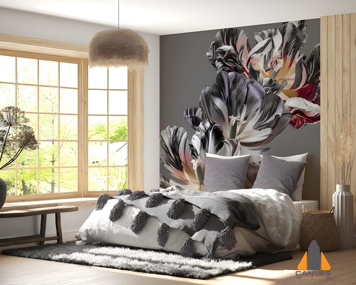 Large black and white floral wall mural in a bedroom with a wooden window frame.