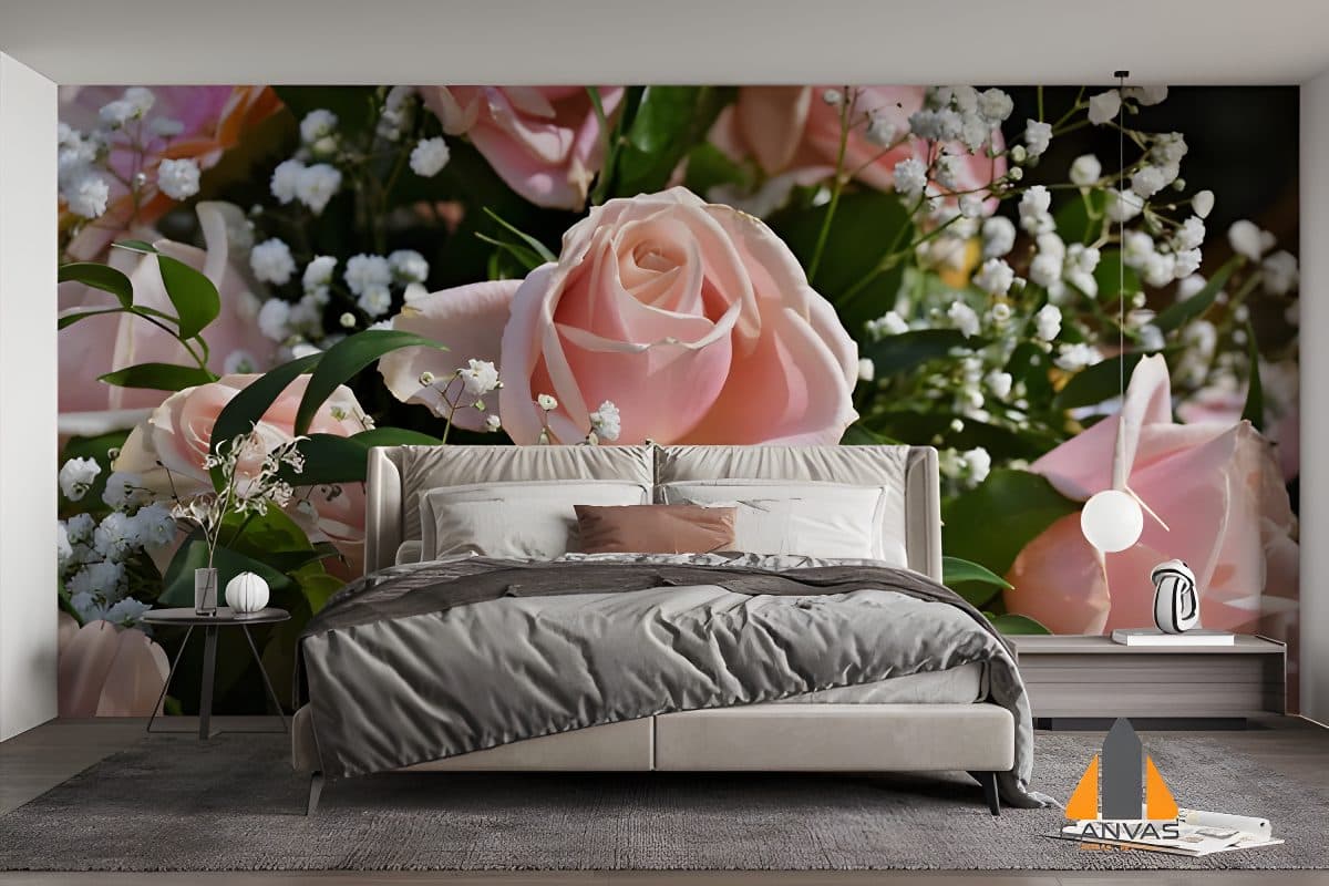 Pink roses and baby's breath wall mural in a modern bedroom, perfect for wallpaper installations Johannesburg.