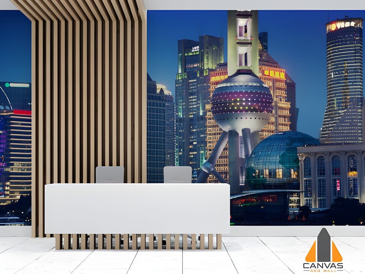 Shanghai cityscape wall mural in a modern office reception area for custom wallpaper installation.