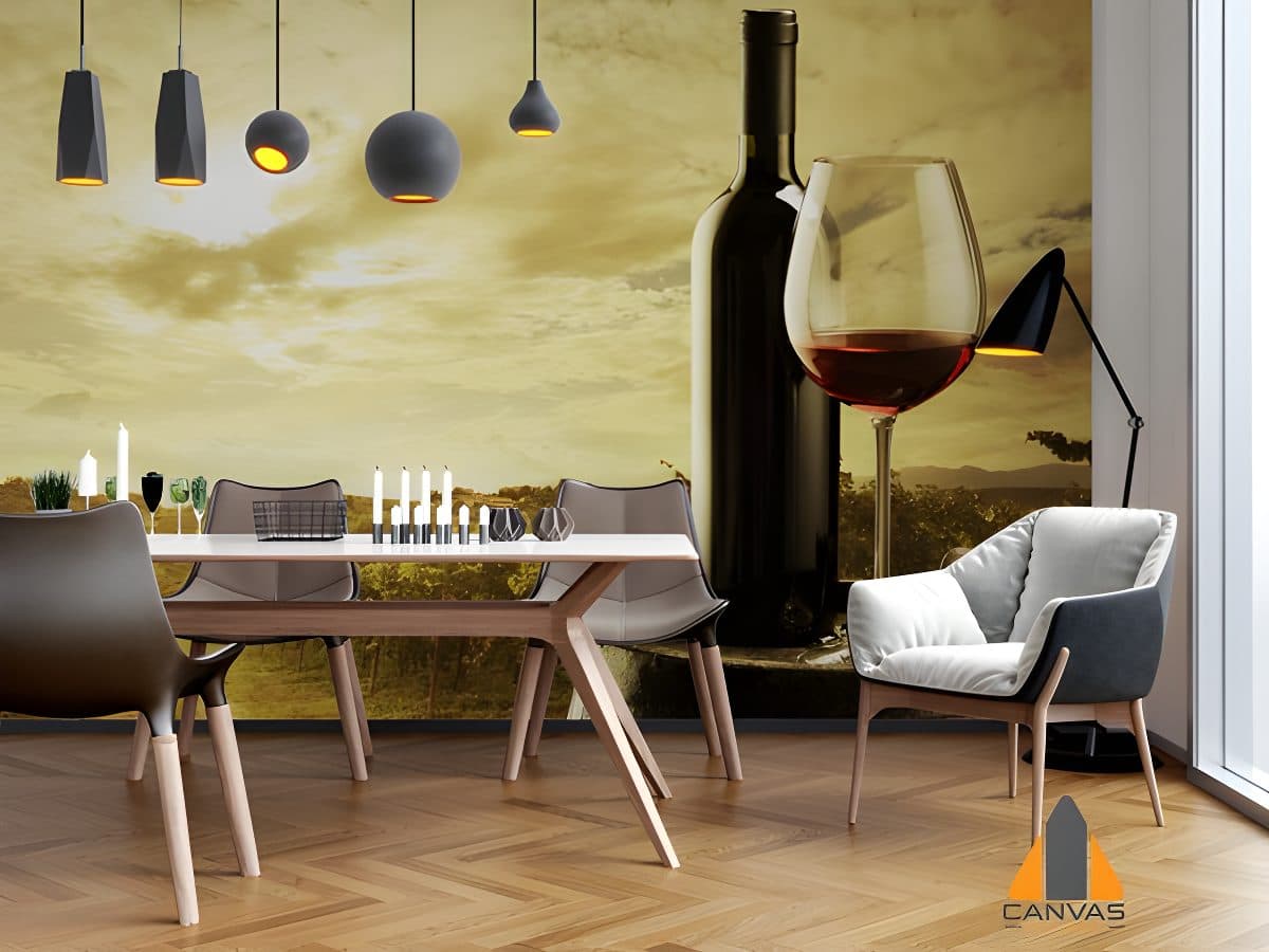 Red wine bottle and glass wall mural in a modern dining room, expertly installed by our team in Gauteng.
