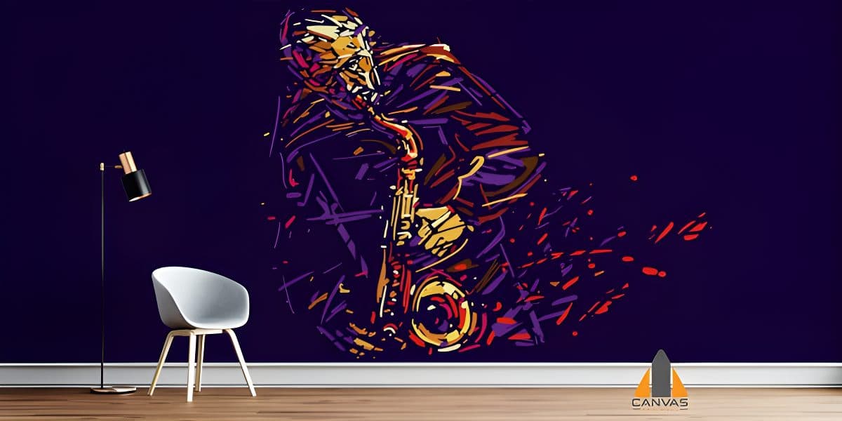 Vibrant abstract saxophone player wall mural in a modern living room, perfect for wallpaper installations in Gauteng.